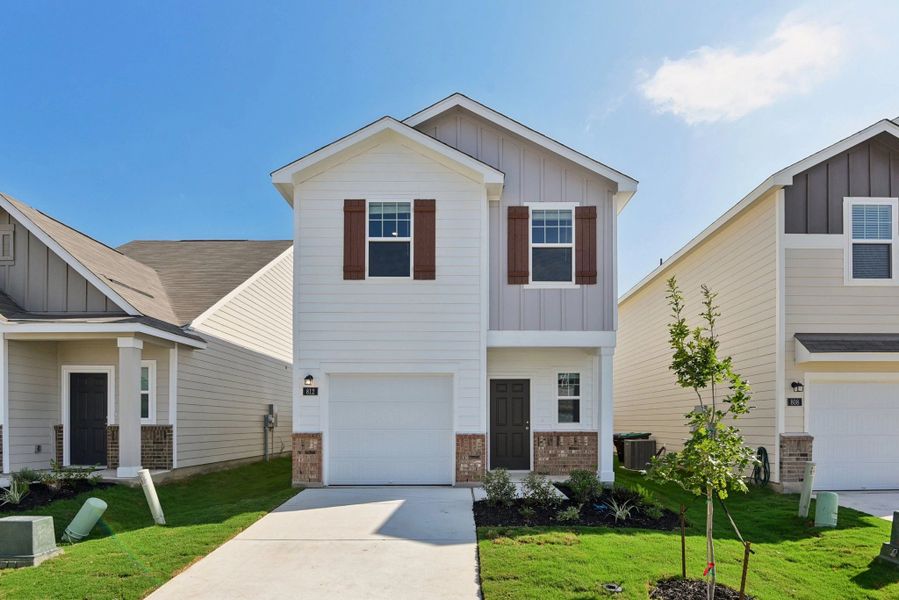 Front exterior of a new home in Sutton Farms, San Antonio, TX, highlighting curb appeal (Image 1). Front exterior of a new home in Sutton Farms, San Antonio, TX, highlighting curb appeal (Image 1).