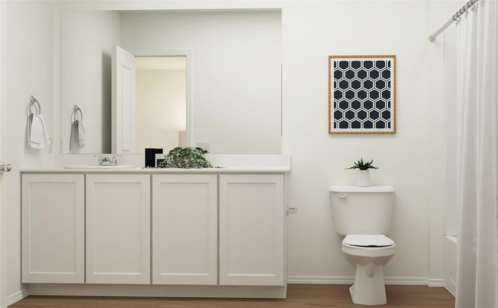 Bathroom with toilet, hardwood / wood-style floors, a shower with curtain, and vanity