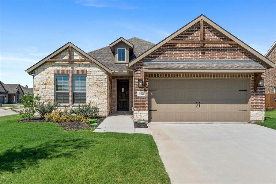 Front exterior of a new home in Aero Vista, Caddo Mills, TX, highlighting curb appeal (Image 21). Front exterior of a new home in Aero Vista, Caddo Mills, TX, highlighting curb appeal (Image 21).