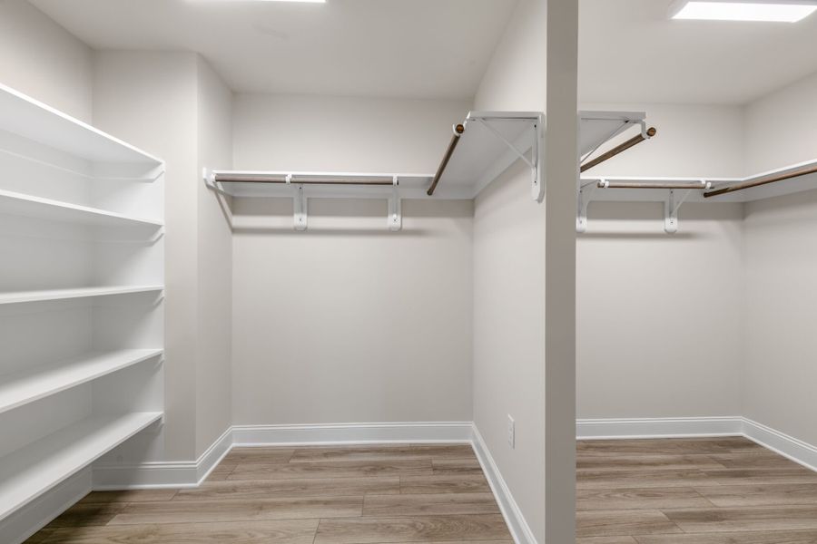 Voyageur owner's closet - shown with optional wood shelving Voyageur owner's closet - shown with optional wood shelving