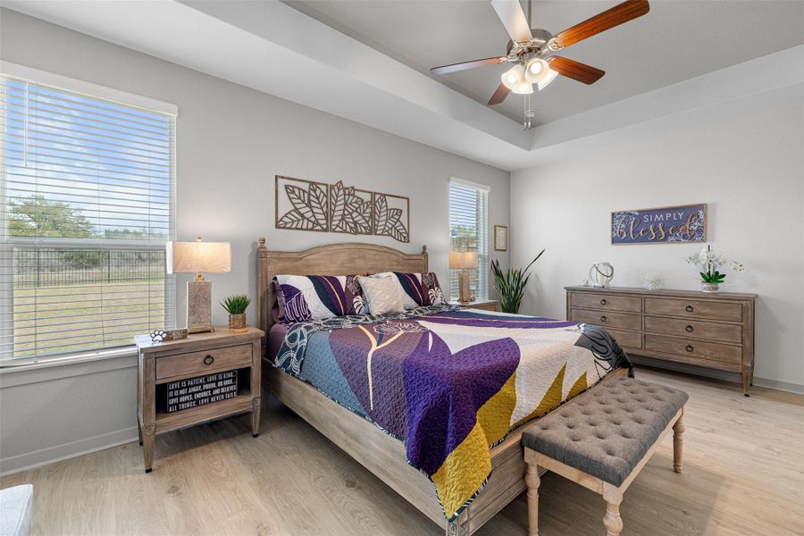 Bedroom with light wood-type flooring, a ceiling fan, and a tray ceiling Bedroom with light wood-type flooring, a ceiling fan, and a tray ceiling