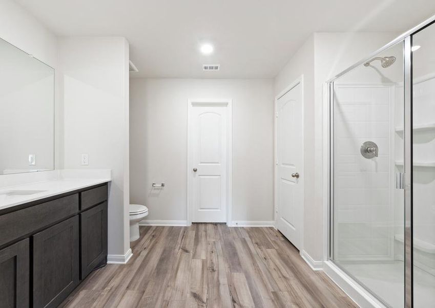 The master bathroom has a spacious vanity space.