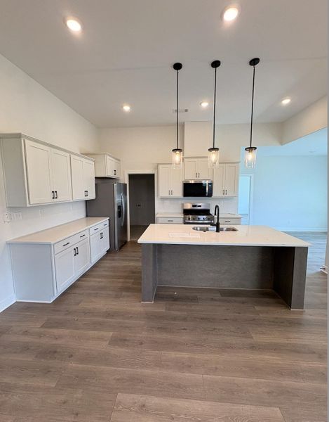 Modern kitchen featuring an expansive center island with integrated sink, light-toned countertops, and wood-finish flooring Modern kitchen featuring an expansive center island with integrated sink, light-toned countertops, and wood-finish flooring