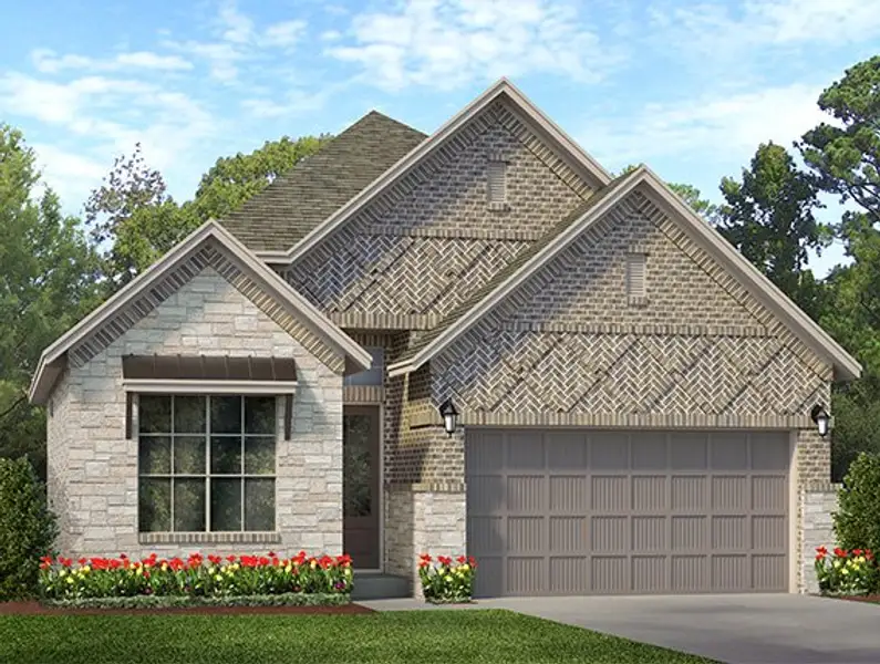 Front exterior of a new home in Brookewater, Rosenberg, TX, highlighting curb appeal (Image 2).