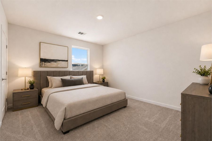 Upstairs bedroom featuring carpet flooring, natural light, and a functional layout with views overlooking the backyard. Virtually staged furnishings shown for visual purposes only.