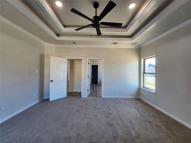 Unfurnished bedroom with dark colored carpet, a ceiling fan, and ornamental molding