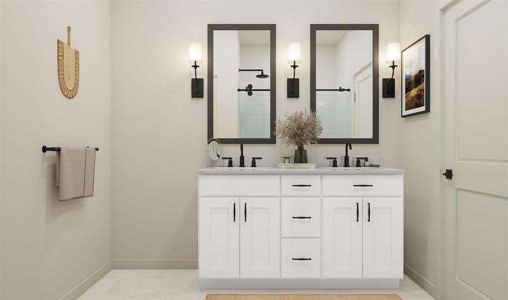 Primary bath with white vanity and dual sinks (*Artist rendering used for illustration purposes only.)