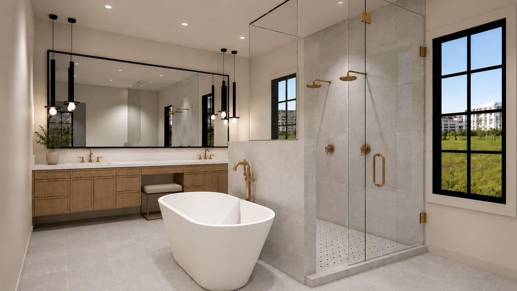 Rendering: Primary Bathroom with dual vanities, large shower and freestanding tub. Features custom cabinetry, natural stones, and a spa-like feel.