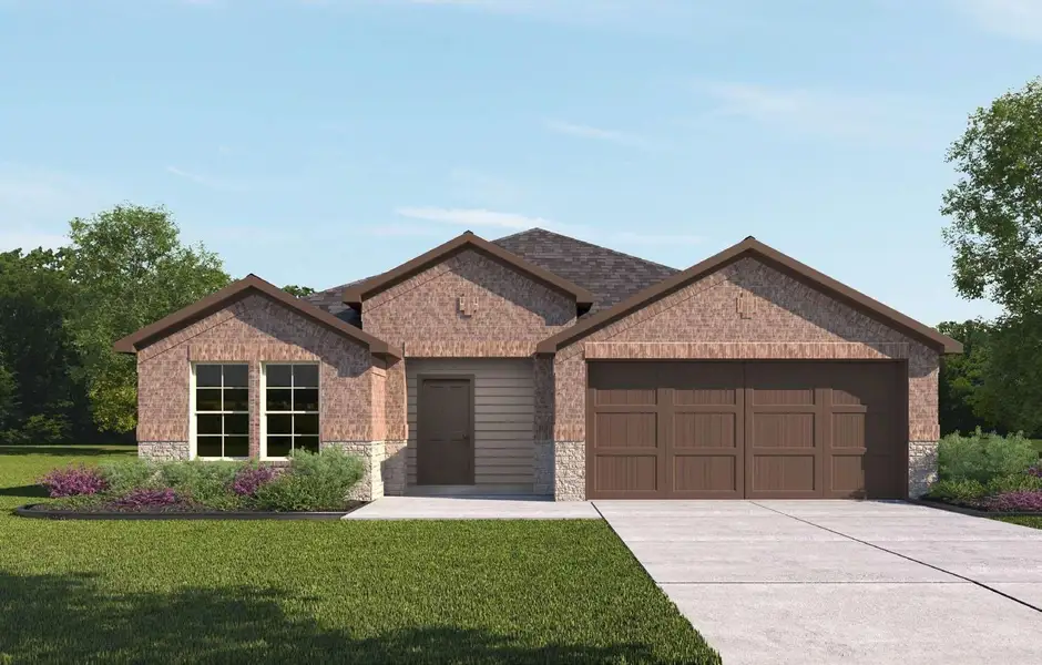 Front exterior of a new home in Tamarron, Katy, TX, highlighting curb appeal (Image 1).