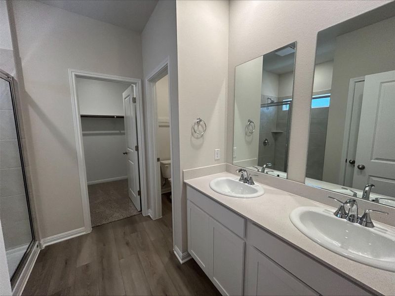 Full bathroom featuring wood finished floors, a tile shower, a walk in closet, and double vanity Full bathroom featuring wood finished floors, a tile shower, a walk in closet, and double vanity