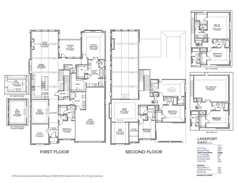 2D floor plan layout for the Lakeport - SH 5430 by Shaddock Homes in High Plains at Furst Ranch, Bartonville, TX (Image 3).