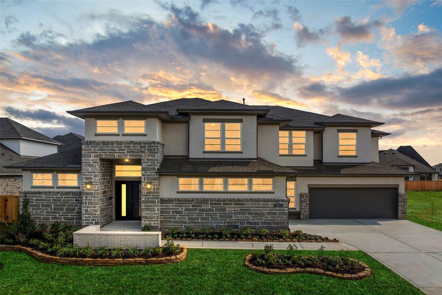 Front exterior of a new home in Bridgeland 80′, Cypress, TX, highlighting curb appeal (Image 1).