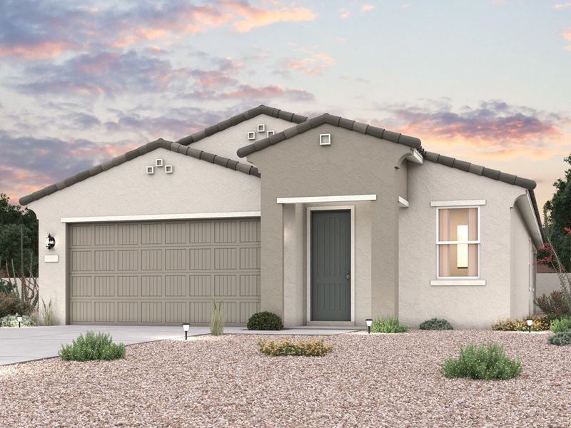 Twilight rendering of front of new home for sale in San Tan, AZ with 2 car garage in the beautiful Skyline Village community with pool. Twilight rendering of front of new home for sale in San Tan, AZ with 2 car garage in the beautiful Skyline Village community with pool.