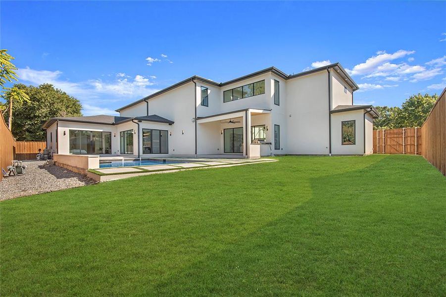 Rear view of house with a fenced backyard, a ceiling fan, a patio area, and stucco siding