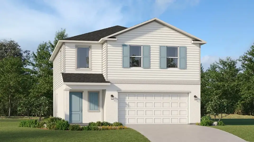 Front exterior of a new home in Crane Landing, Fort Myers, FL, highlighting curb appeal (Image 1). Front exterior of a new home in Crane Landing, Fort Myers, FL, highlighting curb appeal (Image 1).