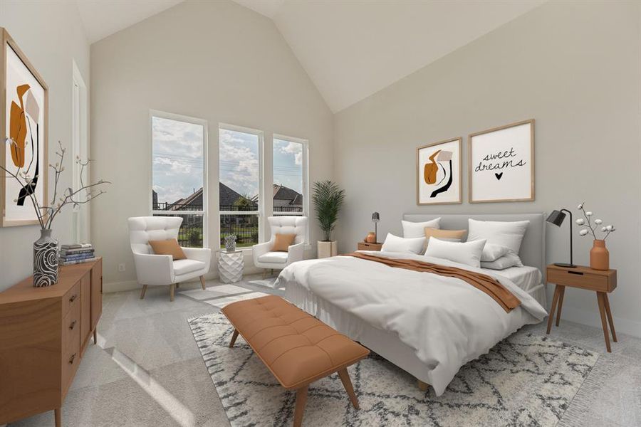 Carpeted bedroom featuring high vaulted ceiling and baseboards Carpeted bedroom featuring high vaulted ceiling and baseboards