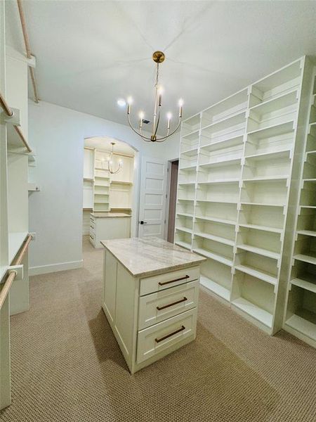 Spacious closet featuring a chandelier and light carpet