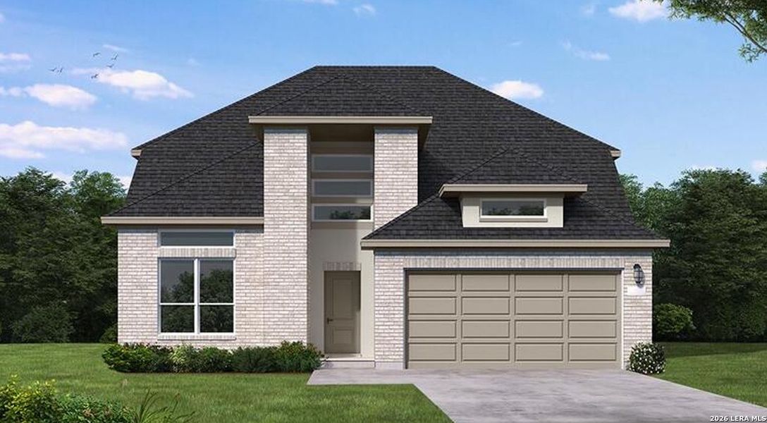 Front exterior of a new home in Mayfair, New Braunfels, TX, highlighting curb appeal (Image 1). Front exterior of a new home in Mayfair, New Braunfels, TX, highlighting curb appeal (Image 1).