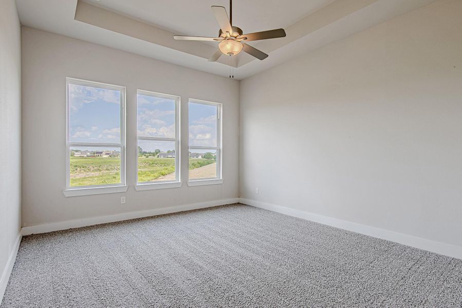 Wake up to natural light pouring in through oversized windows in this serene primary suite with tray ceilings and backyard views.