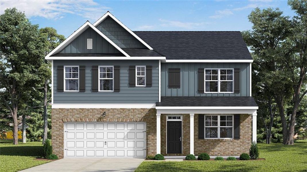 Front exterior of a new home in Poplar Preserve, Newnan, GA, highlighting curb appeal (Image 1). Front exterior of a new home in Poplar Preserve, Newnan, GA, highlighting curb appeal (Image 1).