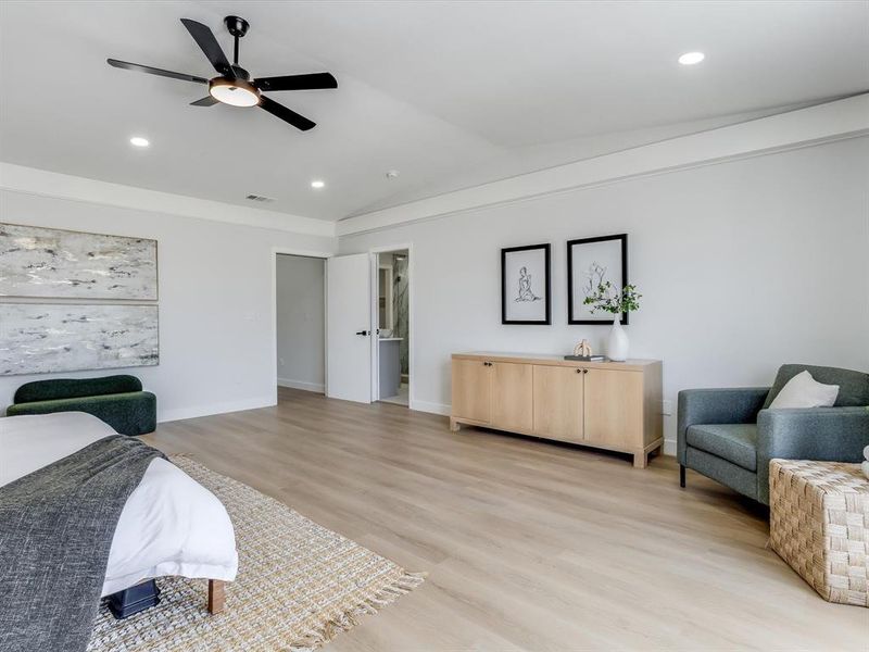 Unlimited layouts for the upstairs primary bedroom. Spacious room featuring wood-finish flooring, recessed lighting, crown molding, and an attached modern ceiling fan Unlimited layouts for the upstairs primary bedroom. Spacious room featuring wood-finish flooring, recessed lighting, crown molding, and an attached modern ceiling fan
