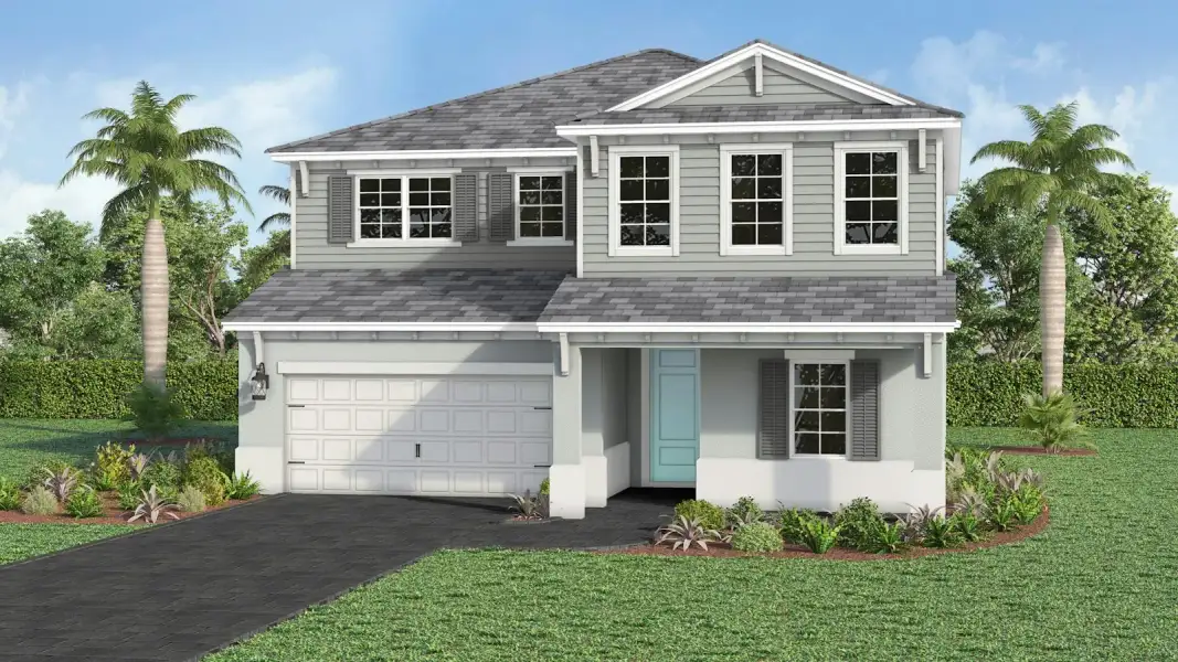 Front exterior of a new home in Kingston South Real Estate and Homes for Sale in Estero, FL - Neal Communities, Estero, FL, highlighting curb appeal (Image 21).