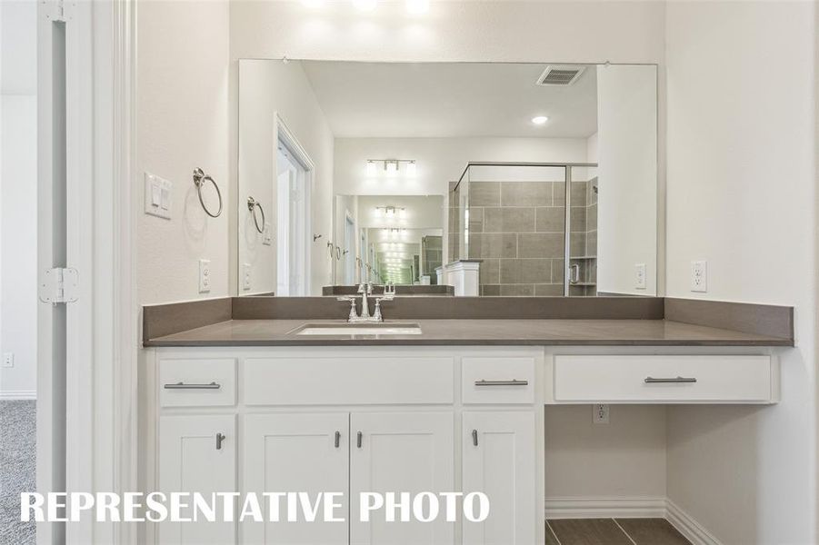 With his and her vanities, everyone will have their own space in this lovely owner's bath.  REPRESENTATIVE PHOTO