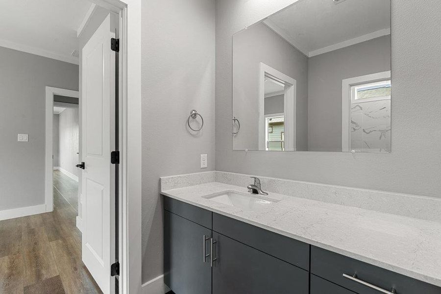 Bathroom featuring ornamental molding, vanity, and dark wood-style flooring