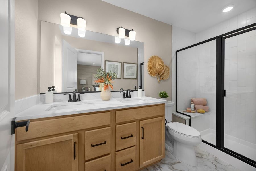 Dual-sink vanity at primary bath