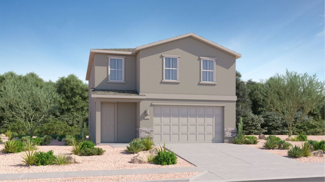 Front exterior of a new home in Springwood at Gladden Farms: Americana Collection, Marana, AZ, highlighting curb appeal (Image 1).