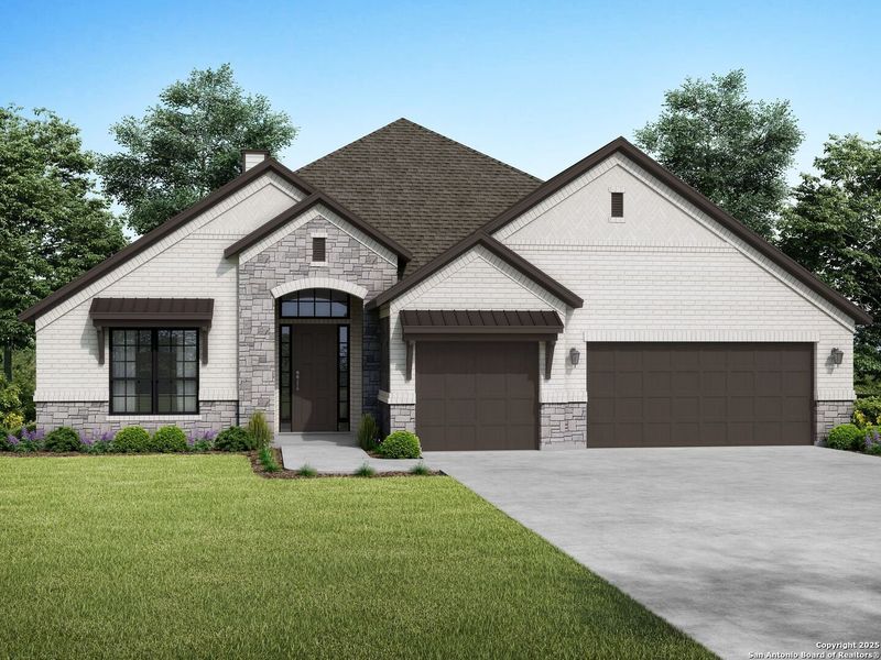 Front exterior of a new home in The Reserve at Potranco Oaks, Castroville, TX, highlighting curb appeal (Image 42).