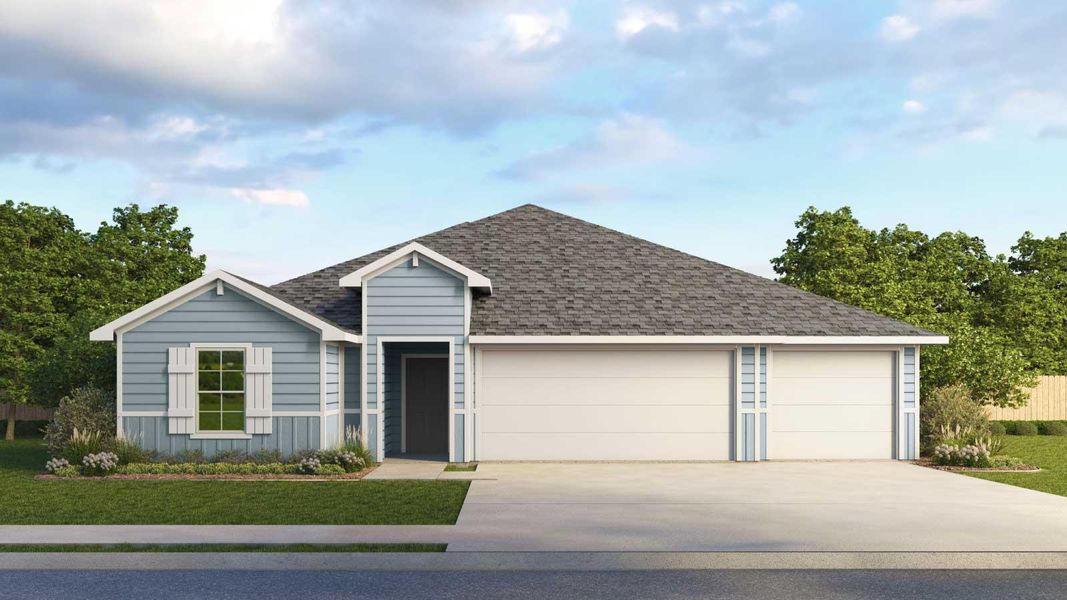 Front exterior of a new home in Railhead, Cedar Creek, TX, highlighting curb appeal (Image 1). Front exterior of a new home in Railhead, Cedar Creek, TX, highlighting curb appeal (Image 1).