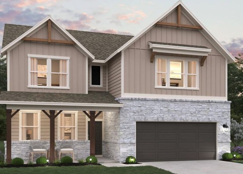 Front exterior of a new home in The Colony 50s, Bastrop, TX, highlighting curb appeal (Image 1). Front exterior of a new home in The Colony 50s, Bastrop, TX, highlighting curb appeal (Image 1).