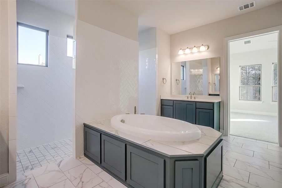 Bathroom featuring vanity, a tile shower, and a wealth of natural light