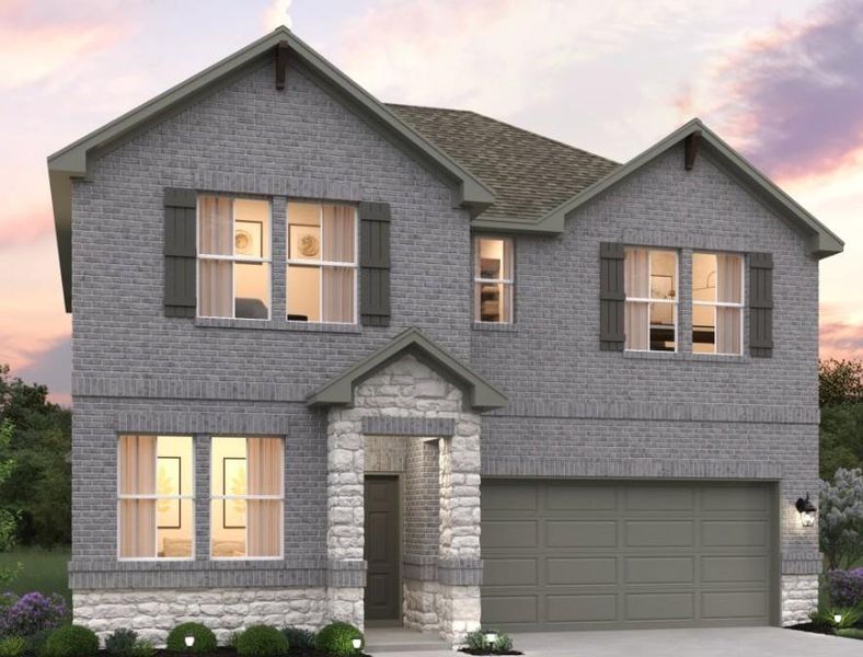 Front exterior of a new home in The Colony 45s, Bastrop, TX, highlighting curb appeal (Image 1).