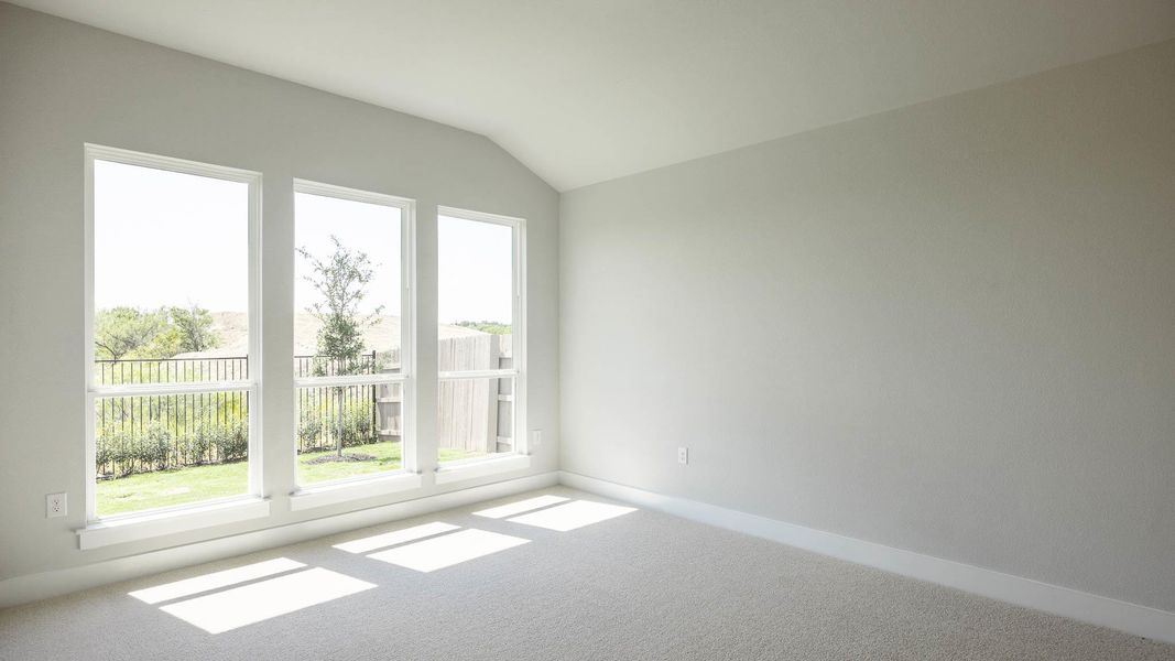 Unfurnished room with carpet flooring and lofted ceiling
