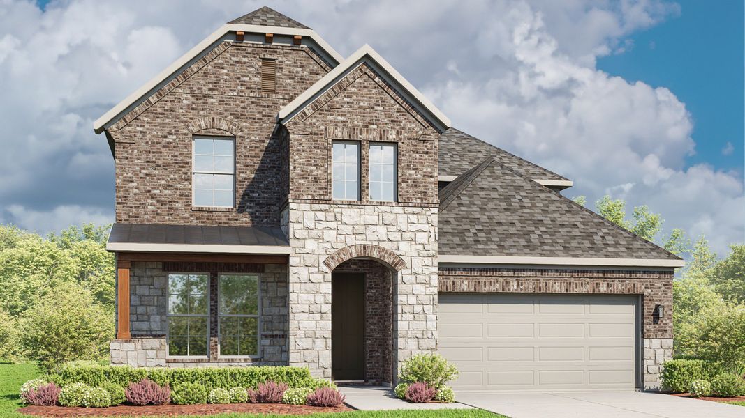 Representative exterior photo of a completed home built from the Elm by DRB Homes in Green Meadows, Celina, TX (Image 6). Representative exterior photo of a completed home built from the Elm by DRB Homes in Green Meadows, Celina, TX (Image 6).