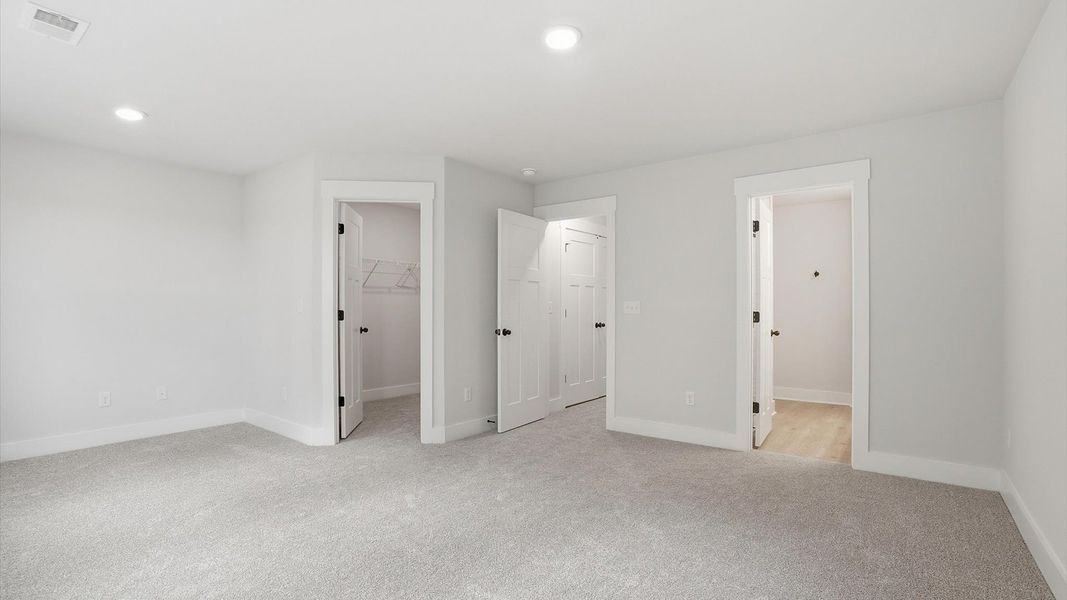 Superior design meets vibrant comfort in this primary suite with carpet floors and walk-in closet