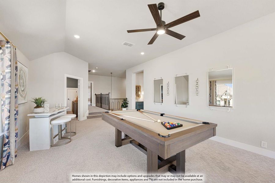 Game room with pool table, vaulted ceiling, ceiling fan, and carpet flooring
