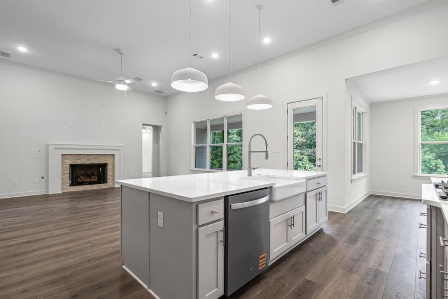 Kitchen with ceiling fan, an island with sink, stainless steel dishwasher, dark wood-style floors, and open floor plan