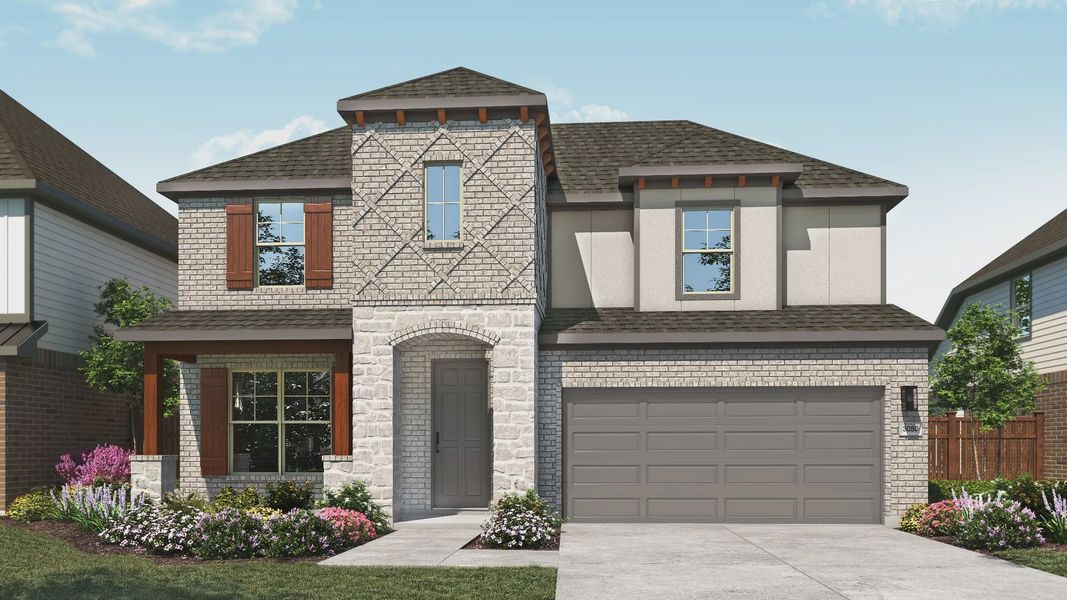Front exterior of a new home in Devine Landing, Leander, TX, highlighting curb appeal (Image 21). Front exterior of a new home in Devine Landing, Leander, TX, highlighting curb appeal (Image 21).