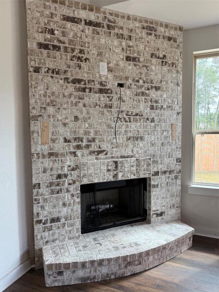 Fire place with brick surround. Mantle installation next. Still under construction, please pardon the mess.