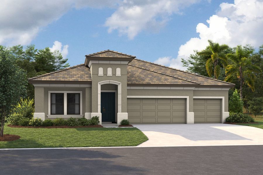 Representative exterior photo of a completed home built from the Bayport I by Homes by WestBay in Two Rivers, Zephyrhills, FL (Image 1).