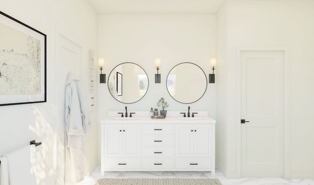 Primary bath with dual sinks and matte black fixtures throughout