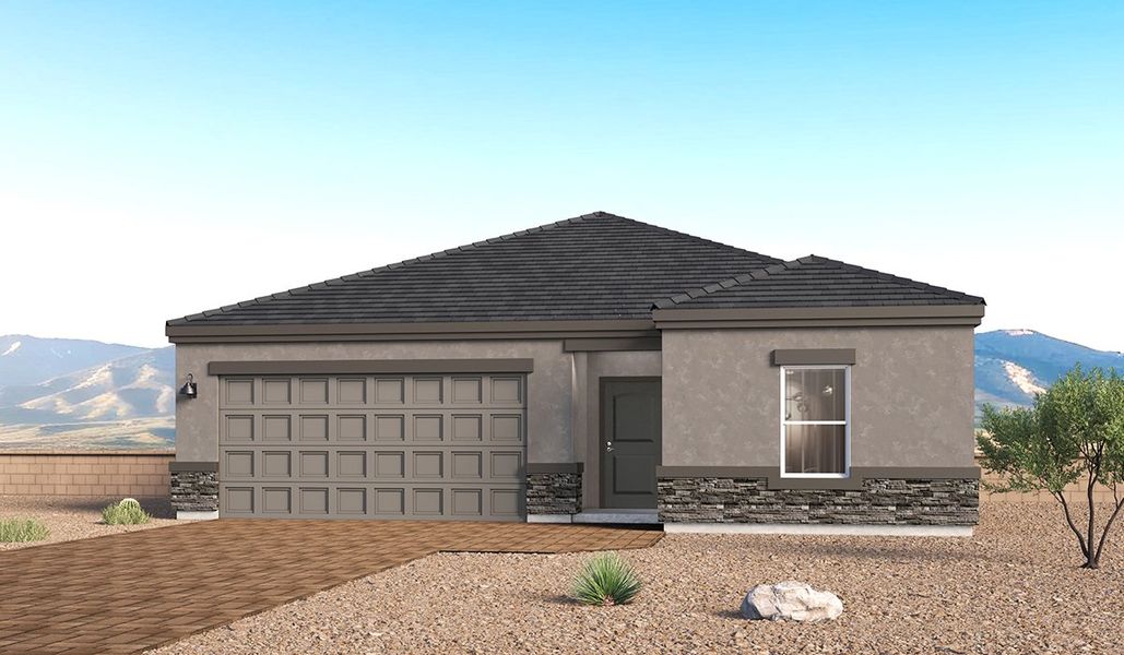 Front exterior of a new home in Solterra, Green Valley, AZ, highlighting curb appeal (Image 1). Front exterior of a new home in Solterra, Green Valley, AZ, highlighting curb appeal (Image 1).