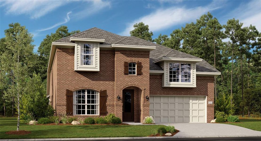 View of front of property featuring a garage and a front lawn