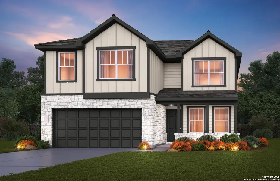 Front exterior of a new home in Horizon Ridge, San Antonio, TX, highlighting curb appeal (Image 1). Front exterior of a new home in Horizon Ridge, San Antonio, TX, highlighting curb appeal (Image 1).