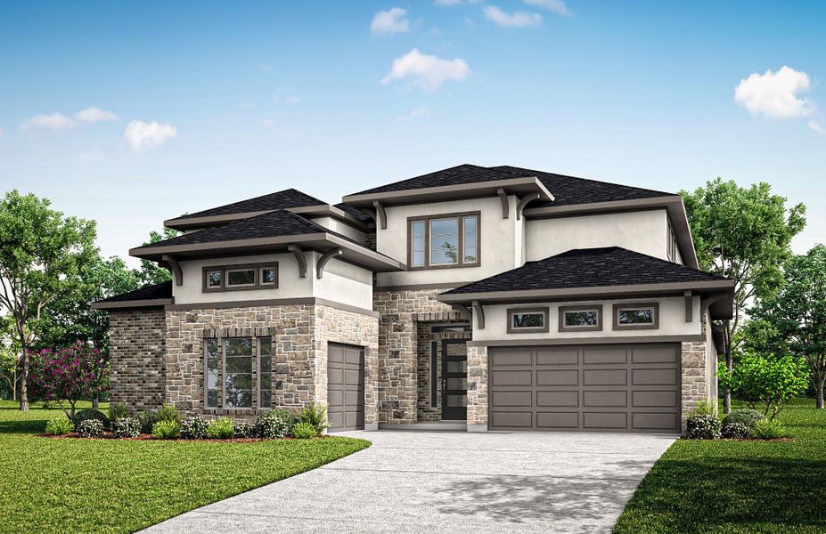 Front exterior of a new home in Legacy Prairie at Katy Court 60', Katy, TX, highlighting curb appeal (Image 2).