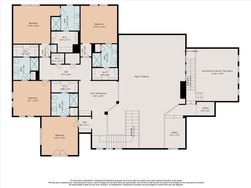 Well-designed second-floor plan featuing separate north and south wings, two staircases, four ensuite secondary bedrooms, spacious gathering areas, and exceptional privacy for family and guests. Well-designed second-floor plan featuing separate north and south wings, two staircases, four ensuite secondary bedrooms, spacious gathering areas, and exceptional privacy for family and guests.