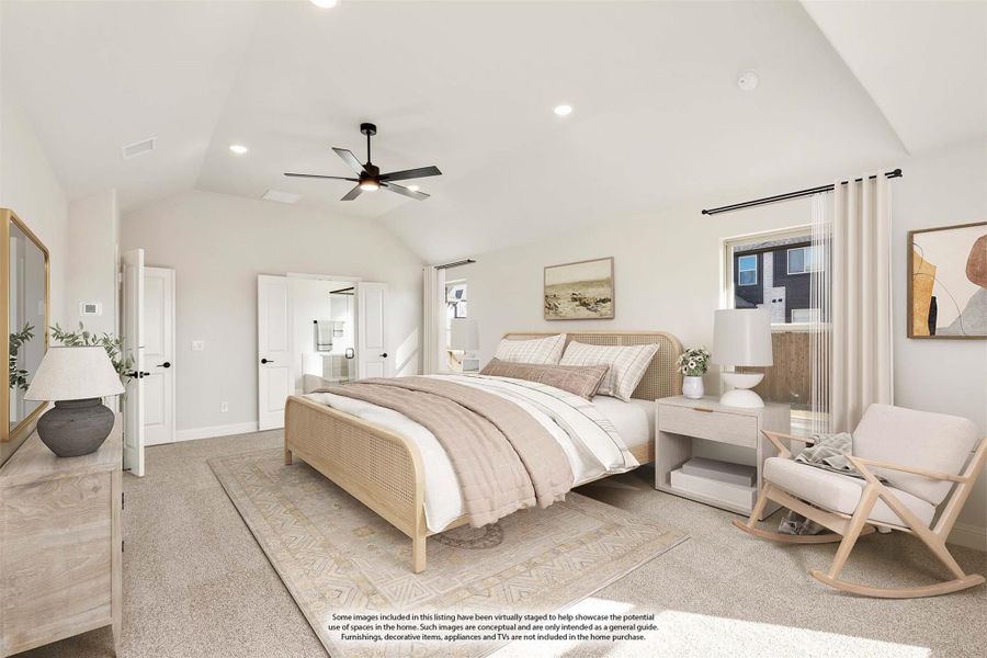 Spacious master bedroom with vaulted ceiling, ceiling fan, and neutral carpet flooring